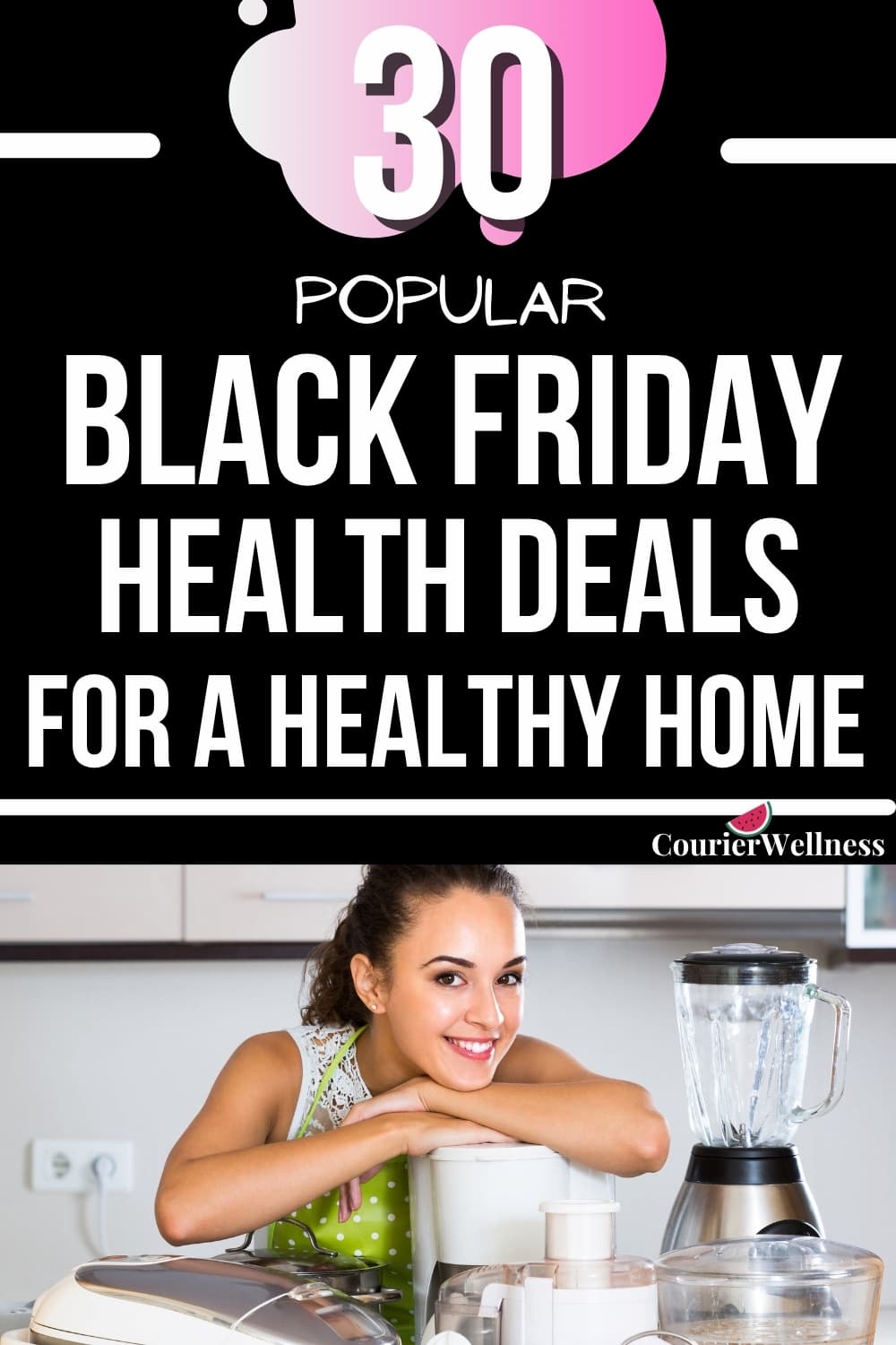 A woman stands happily in her kitchen with a collection of kitchen appliances she got from Black Friday deals.