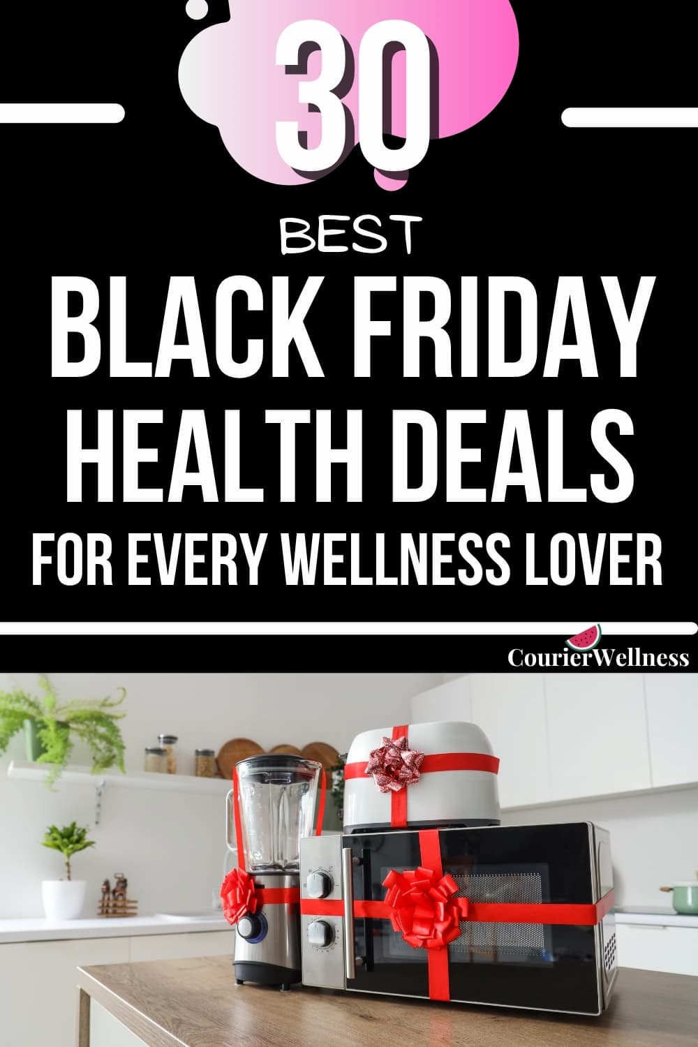 Kitchen appliances wrapped in red bows on a kitchen counter, showcasing Black Friday deals
