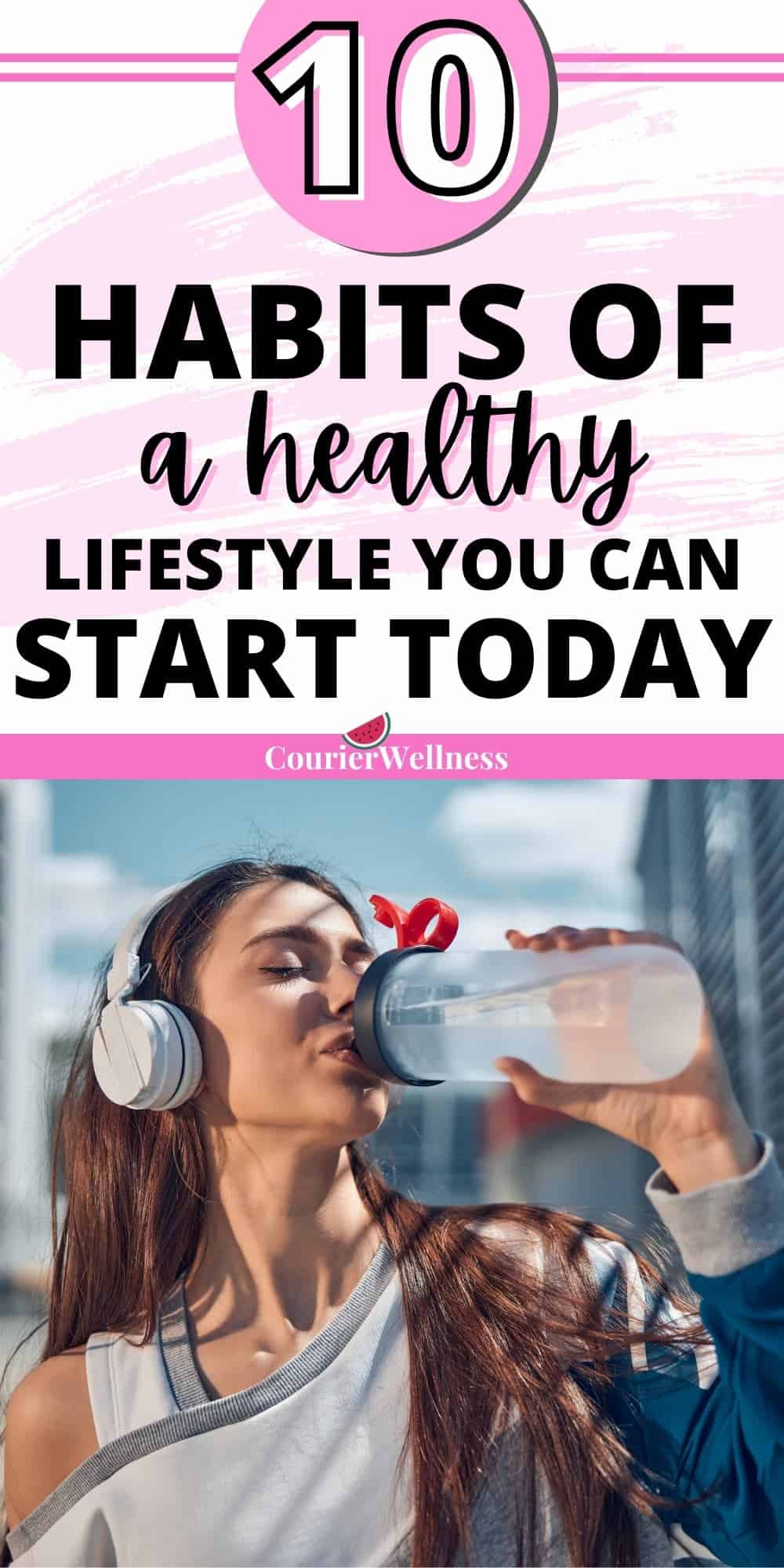 A woman wearing headphones drinks from a water bottle, demonstrating hydration as part of habits of a healthy lifestyle.