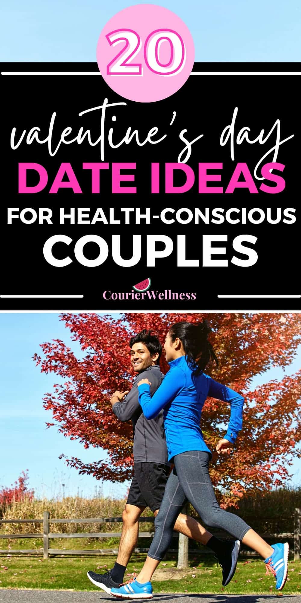 Enjoying the sunshine, a couple goes for a run outdoors, demonstrating fun and healthy Valentine’s Day date ideas.