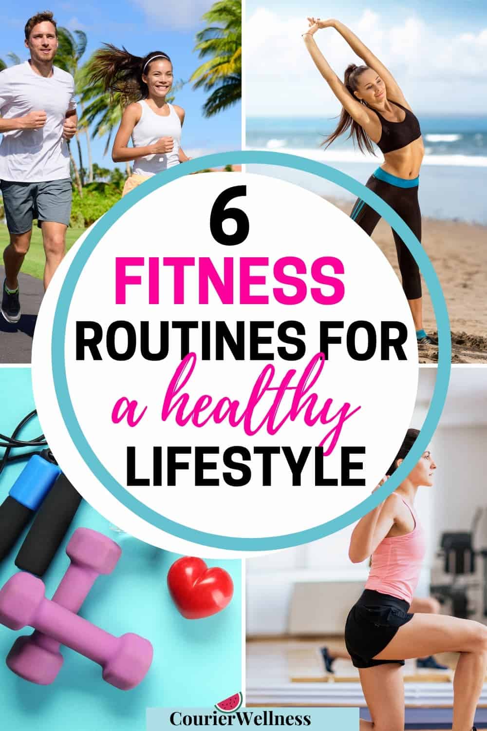 Pin with four images of outdoor running, stretching, lunges, and exercise gear, emphasizing fitness healthy lifestyle habits.