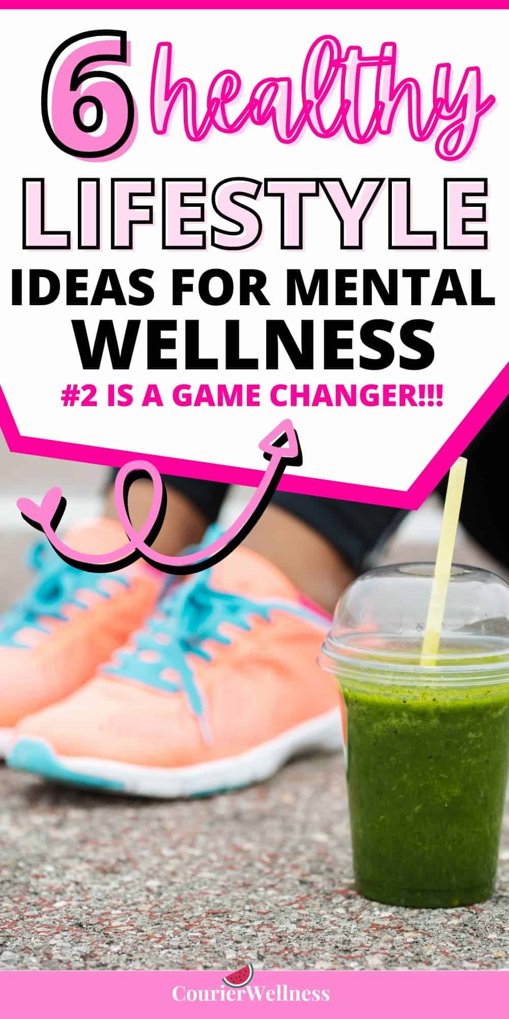 A green smoothie with a straw beside running shoes, showing the combination of nutrition and exercise for a healthy lifestyle for mental wellness.
