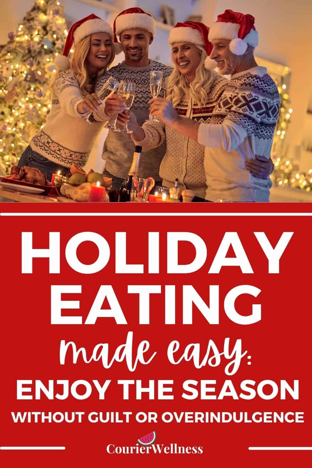 A family of four celebrates Christmas with joy, incorporating fruit and cozy candlelight as part of mindful, healthy holiday eating.