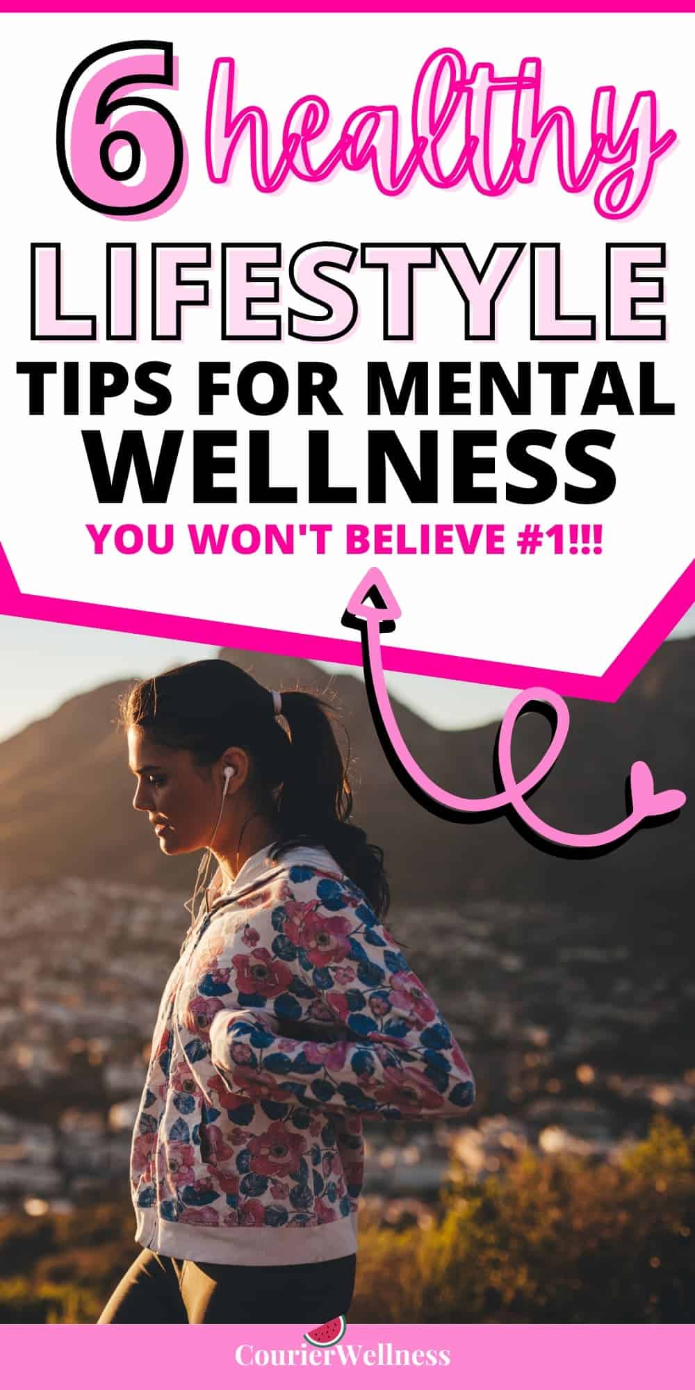 Ponytailed woman enjoys mountain scenery with earbuds, reflecting active engagement in a healthy lifestyle for mental wellness.