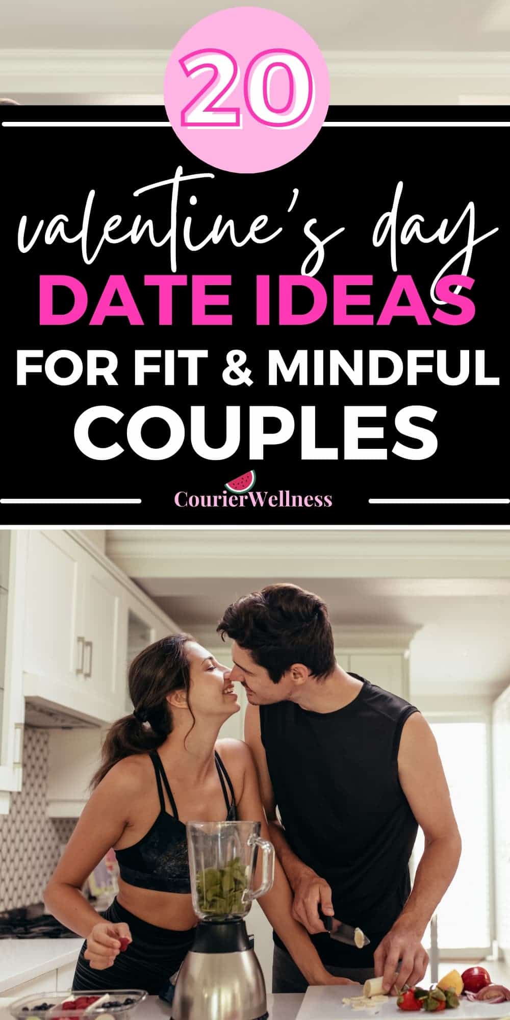 A couple prepares healthy smoothies together and shares a kiss, showcasing creative Valentine’s Day date ideas.