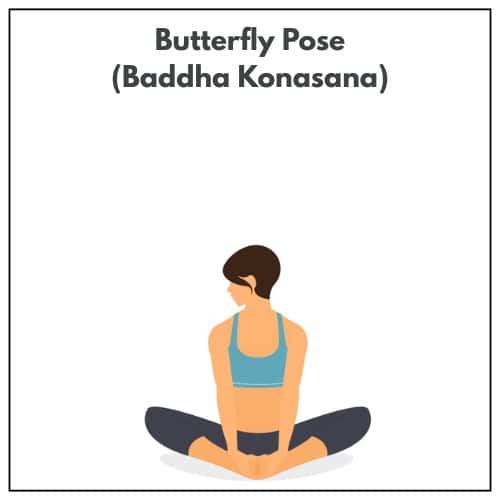 Illustration of a woman seated with the soles of her feet together and knees bent outward in Butterfly Pose (Baddha Konasana) during a yoga practice.
