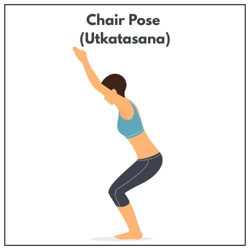 Illustration of a woman in a sports bra and leggings practicing Chair Pose (Utkatasana), bending her knees and reaching her arms overhead during a yoga session.