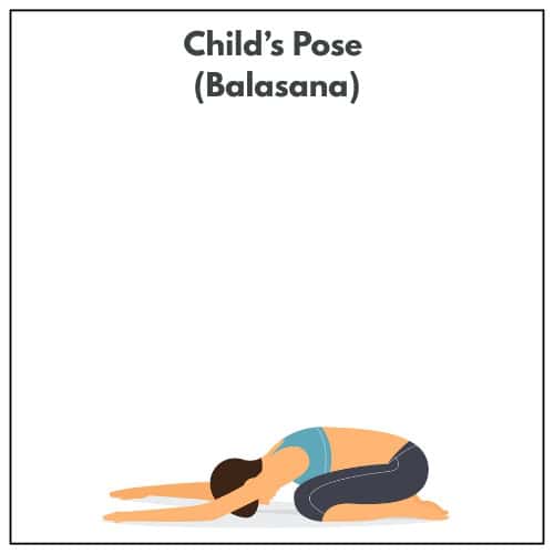 Illustration of a woman gently resting in Child’s Pose (Balasana) as part of her yoga practice.