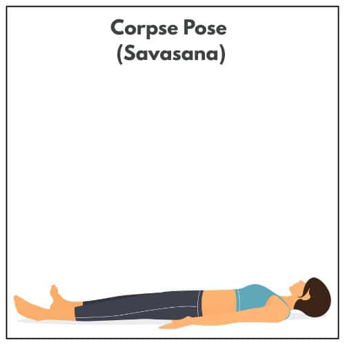 Illustration of a woman lying flat on her back with arms relaxed at her sides in Corpse Pose (Savasana) during a yoga practice.