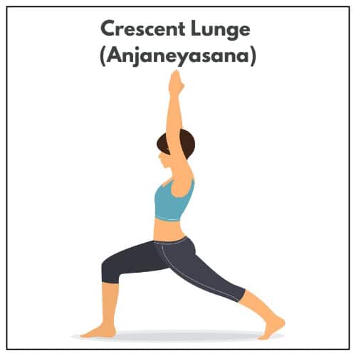 Illustration of a woman in a low lunge with her back leg lifted and arms raised overhead in Crescent Lunge (Anjaneyasana) as part of a yoga practice.
