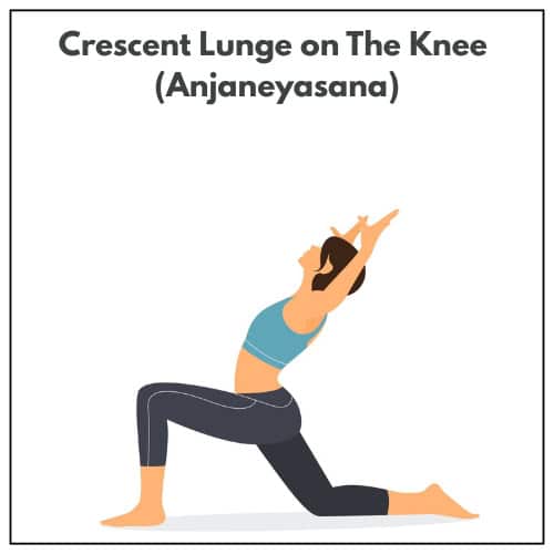 Illustration of a woman in a low lunge with her back knee on the ground and arms raised overhead in Crescent Lunge on the Knee (Anjaneyasana) as part of a yoga practice.