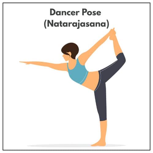 Illustration of a woman in yoga clothing balancing on one leg in Dancer Pose (Natarajasana), holding the opposite foot behind her with one hand while the other arm reaches forward.