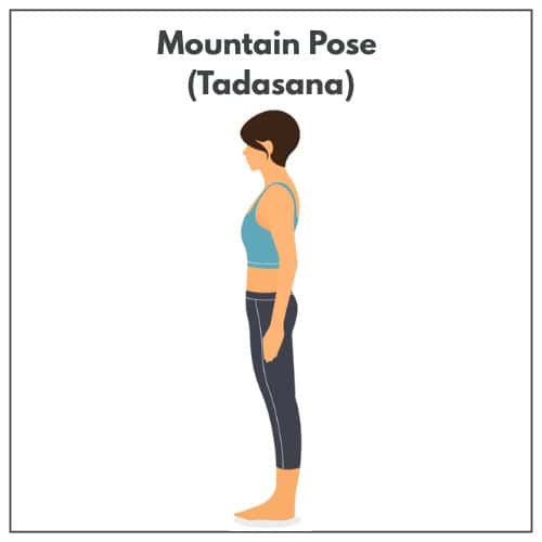 Illustration of a woman in a sports bra and leggings standing in Mountain Pose (Tadasana) during a yoga practice.