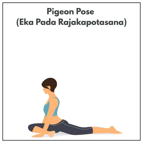 Illustration of a woman with one leg bent in front and the other extended behind her in Pigeon Pose (Eka Pada Rajakapotasana) during a yoga practice.