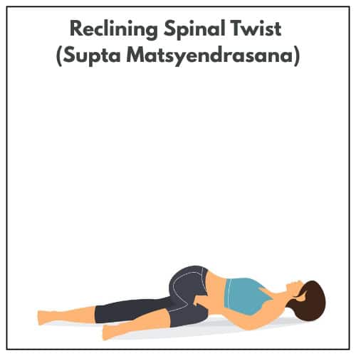 Illustration of a woman lying on her back, twisting her torso with one knee bent across her body and the other leg extended in Reclining Spinal Twist (Supta Matsyendrasana).