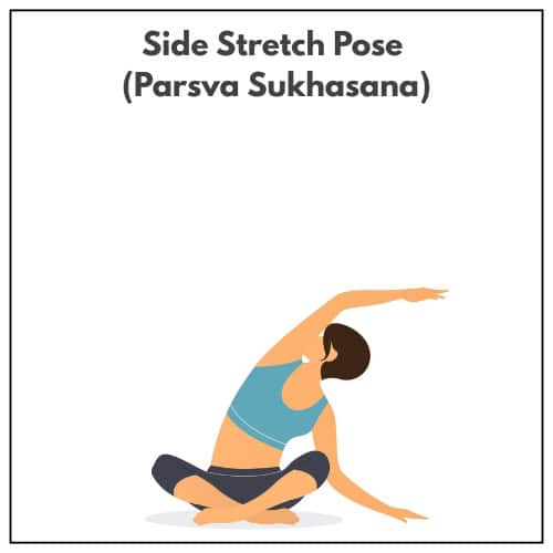 Illustration of a woman seated cross-legged, stretching sideways with one arm overhead in Side Stretch Pose (Parsva Sukhasana) as part of a yoga practice.
