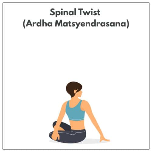 Illustration of a woman in a sports bra and leggings practicing Spinal Twist (Ardha Matsyendrasana) seated with legs crossed during a yoga session.