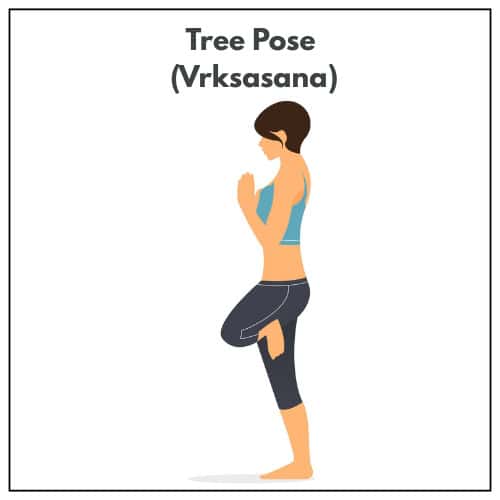 Illustration of a woman balancing in Tree Pose (Vrksasana), standing on one leg with hands in prayer position at her chest as part of a yoga practice.