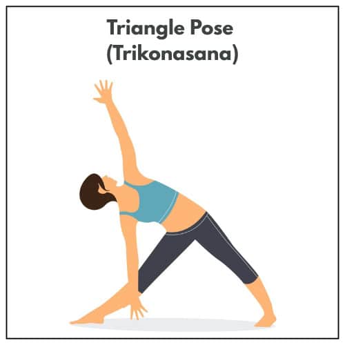 Illustration of a woman in yoga attire practicing Triangle Pose (Trikonasana), with legs wide apart, one hand reaching toward the front foot and the other arm extended upward.
