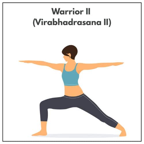 Illustration of a woman in Warrior II (Virabhadrasana II), with arms extended and front knee bent, as part of her yoga practice.