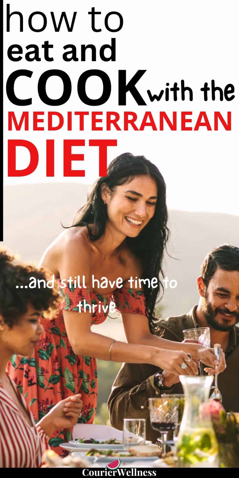 A group gathers around an outdoor table while a woman pours a drink, capturing the social and fresh-food focus of the Mediterranean diet.
