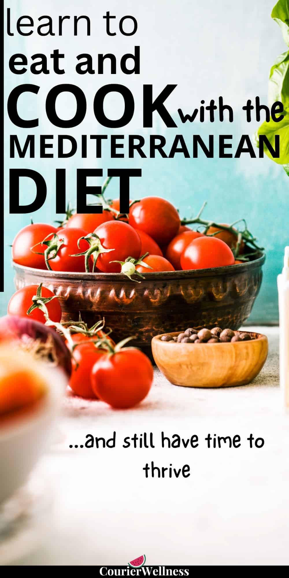 A bowl of vibrant red tomatoes with peppercorns and other ingredients highlights simple, wholesome foods in the Mediterranean diet.