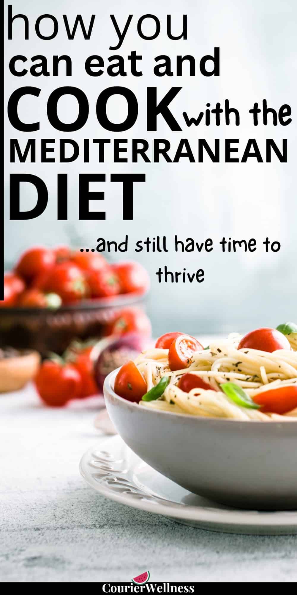 A bowl of spaghetti with cherry tomatoes and basil represents the balanced, flavorful meals common in the Mediterranean diet.