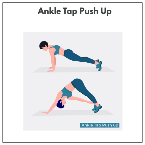 An illustration of a woman in workout clothes demonstrating the ankle tap push-up exercise.