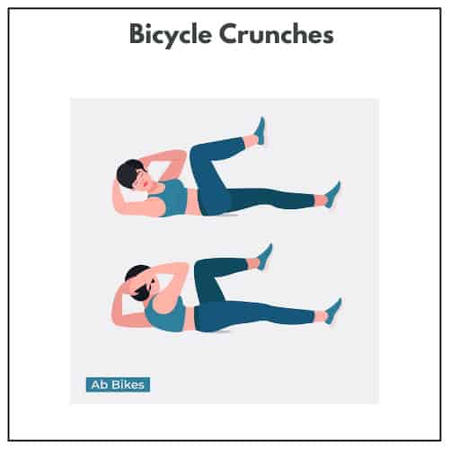 Two images depict a woman doing ab bike exercises, lying on her back while alternating elbow to knee.