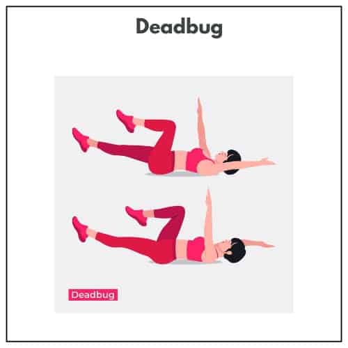 A person in red athletic clothing demonstrates the deadbug exercise in two frames, lying on her back with arms and legs raised.