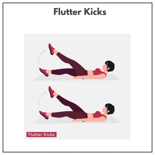 Two images show a woman doing flutter kicks, lying on her back with legs extended and alternately raised and lowered.