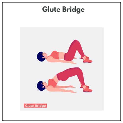 An illustration of a woman is shown performing a glute bridge exercise in two positions.