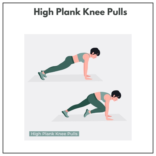 Two-part illustration demonstrating high plank knee pulls with a woman in athletic wear.