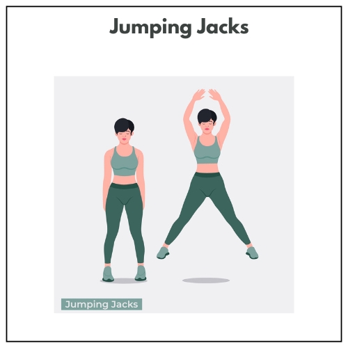 An illustration of a woman in athletic wear demonstrates the jumping jacks exercise.