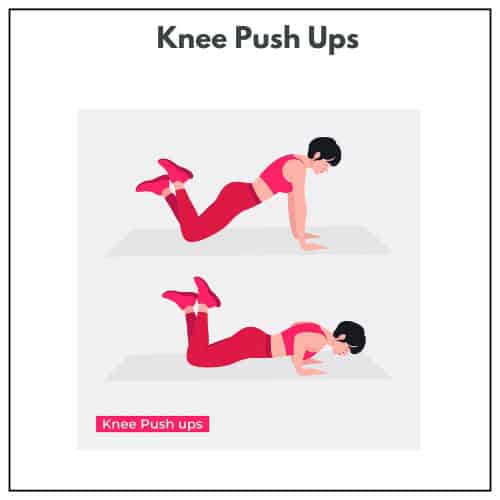Two images depict a woman doing knee push-ups, starting with arms straight and lowering the body towards the floor.