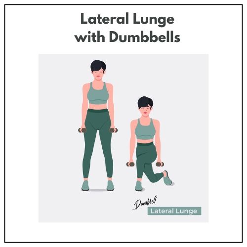 An illustration of a woman performing a dumbbell lateral lunge, shown in both the starting and ending positions.