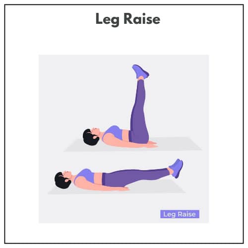 Illustration of a leg raise exercise performed on a mat with legs straight up and then parallel to the floor.