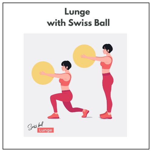 Illustration of a woman performing a lunge exercise while holding a yellow Swiss ball.