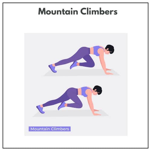 An illustration demonstrates the mountain climbers exercise with a woman in sportswear shown in the starting and mid-exercise positions on a mat.
