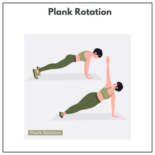 Two images show a woman in a plank position, then rotating into a side plank with one arm extended upward.