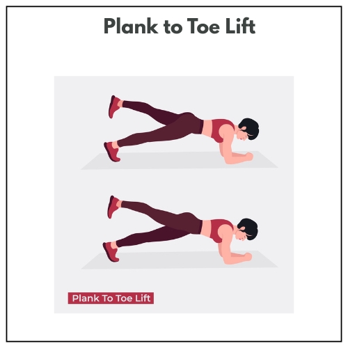 Two images show an illustration of a woman in a plank position, alternating leg lifts.