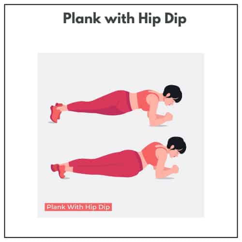 Two images show a woman in plank position, then with hips rotated slightly to one side.