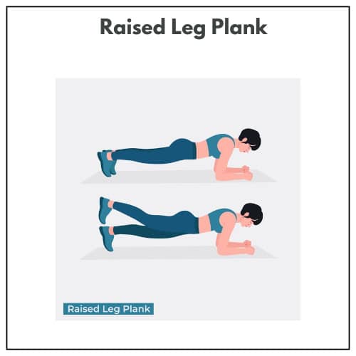 Two-panel illustration of a woman performing plank exercises; the top panel shows a standard plank, and the bottom panel shows a plank with one leg raised.