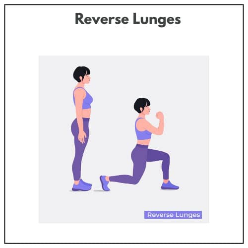 An illustration of a woman demonstrates a reverse lunge exercise in two poses, wearing a sports bra and leggings.