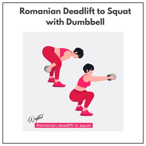 Illustration of a woman performing weighted Romanian deadlifts to squats, wearing red athletic attire and holding dumbbells.