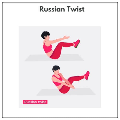 An illustration demonstrates the 'Russian twist' exercise, showing a person in workout clothes in two poses, one upright and one twisted, on a mat.