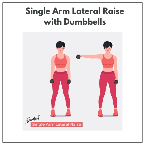 An illustration of a woman in workout clothes demonstrates a single arm lateral raise with a dumbbell.