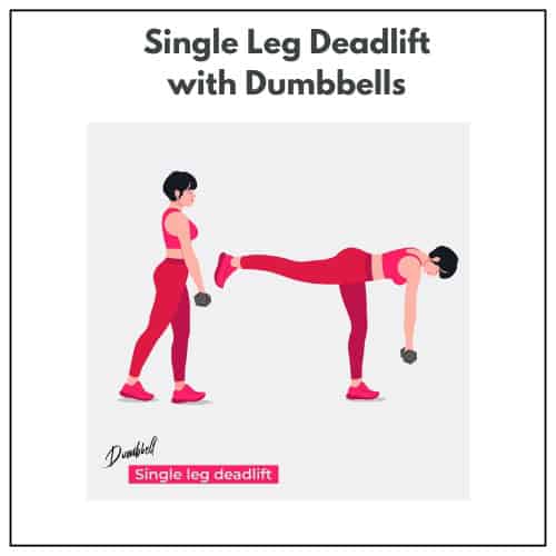 Illustration of a woman in two poses demonstrating a single leg deadlift with a dumbbell.