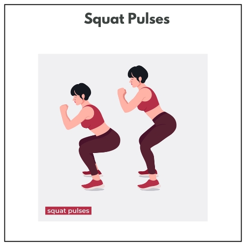An illustration of a woman in workout clothes is doing squat pulses in an illustration.