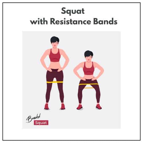 An illustration of a woman who performs a banded squat exercise, with a yellow resistance band placed around the thighs.